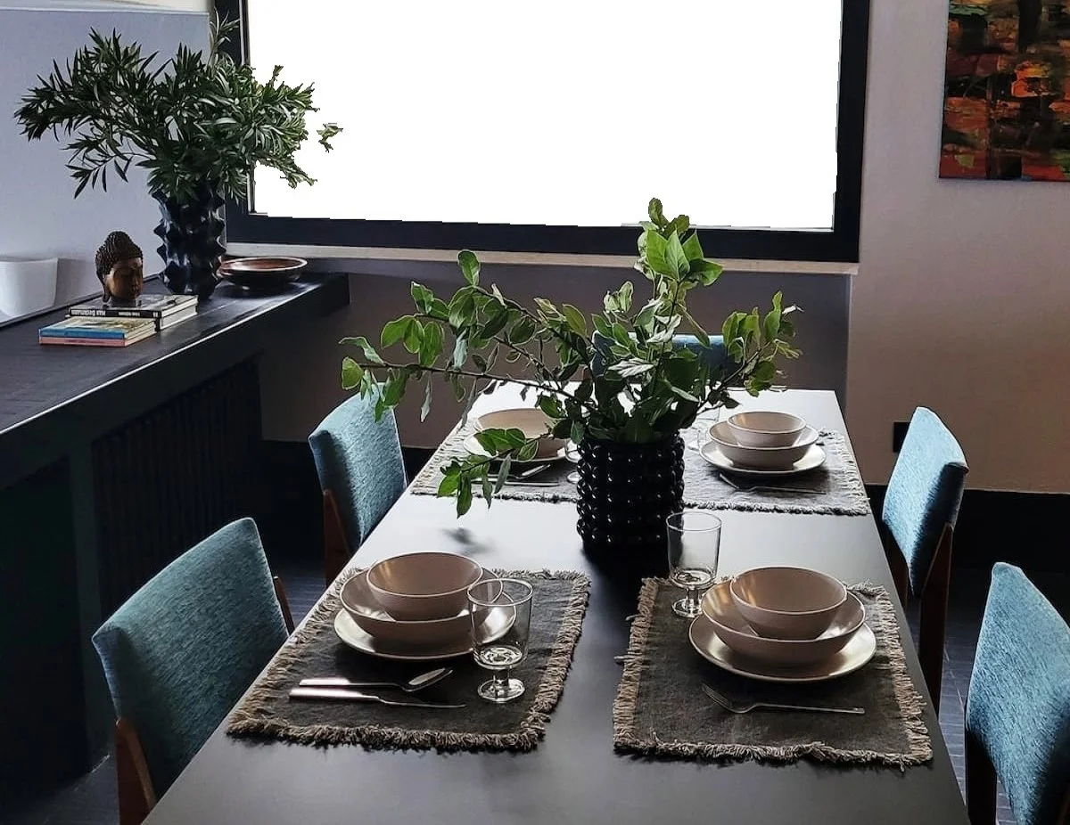 Dining room looking towards the restored stone wall