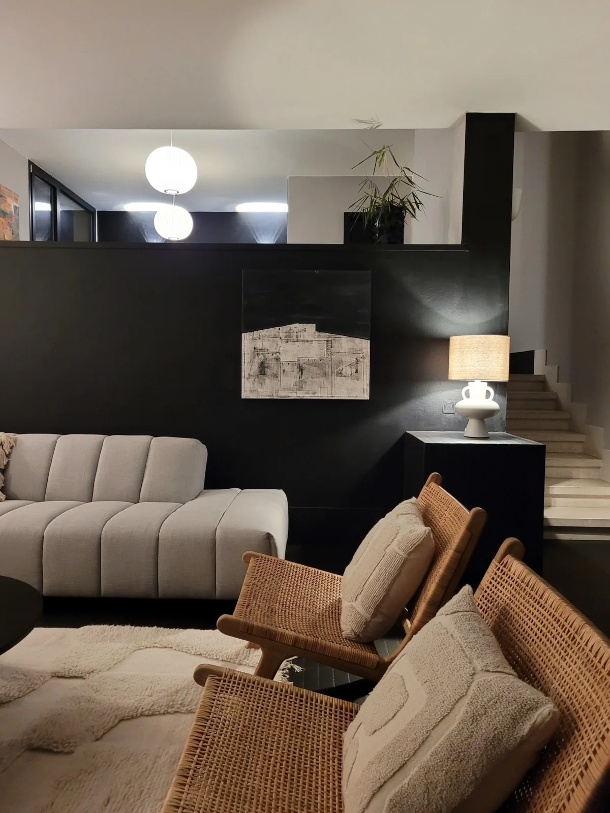 Living room with lounge chairs in the evening
