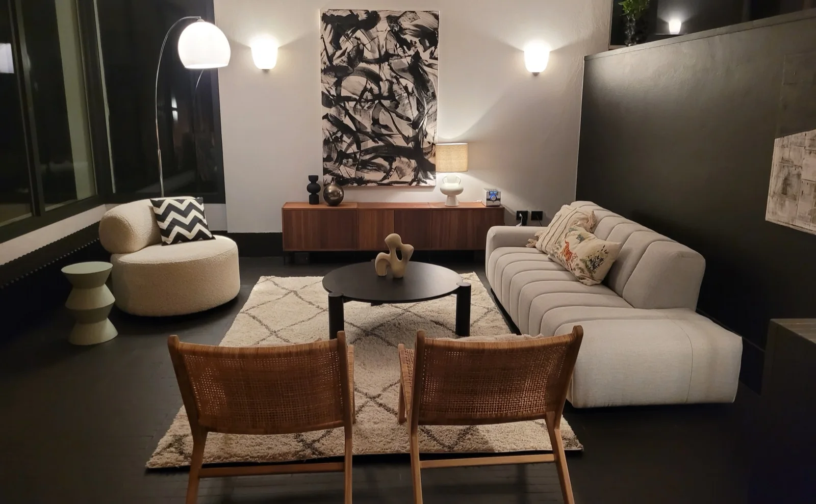 Living room with designer furniture and large-scale art